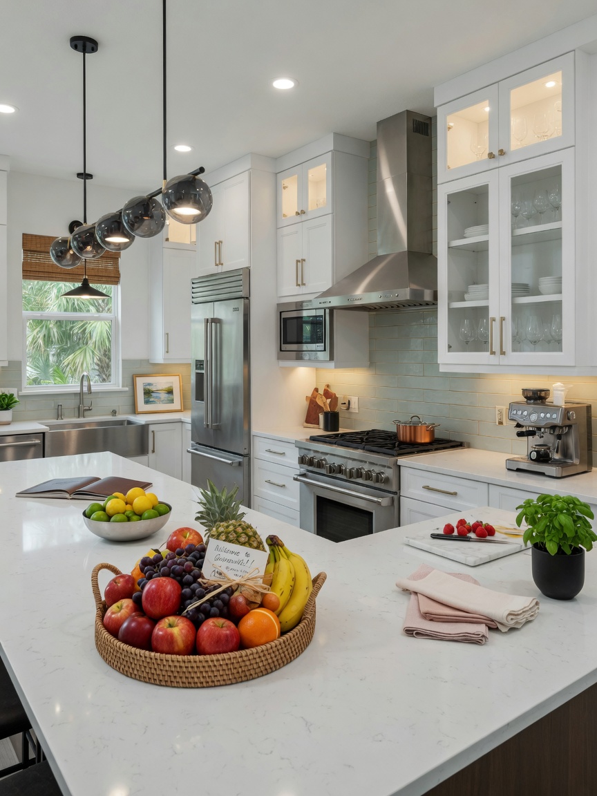 Beautiful 8K image of modern kitchen interior in upscale Gainesville short term rental with stainless steel appliances and fresh fruit basket for guests