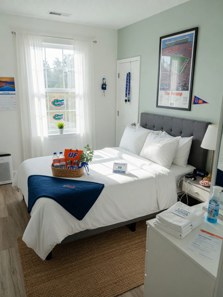 Ultra-realistic 8K photograph of professionally cleaned and staged short-term rental bedroom in Gainesville with fresh linens, university touches, natural light, and welcome amenities