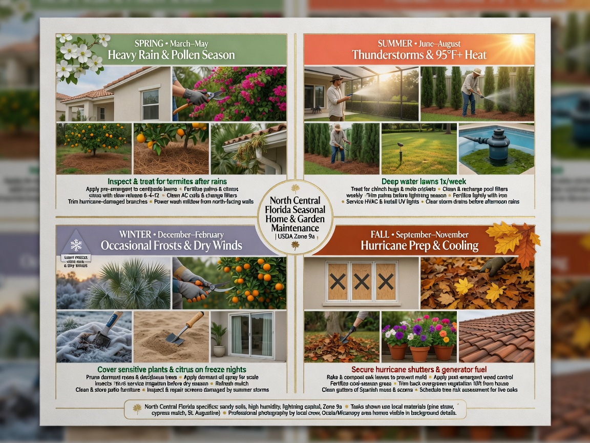 Ultra-realistic 8K seasonal maintenance infographic visualization showing four quadrants for spring summer fall and winter tasks specific to North Central Florida climate, professional design