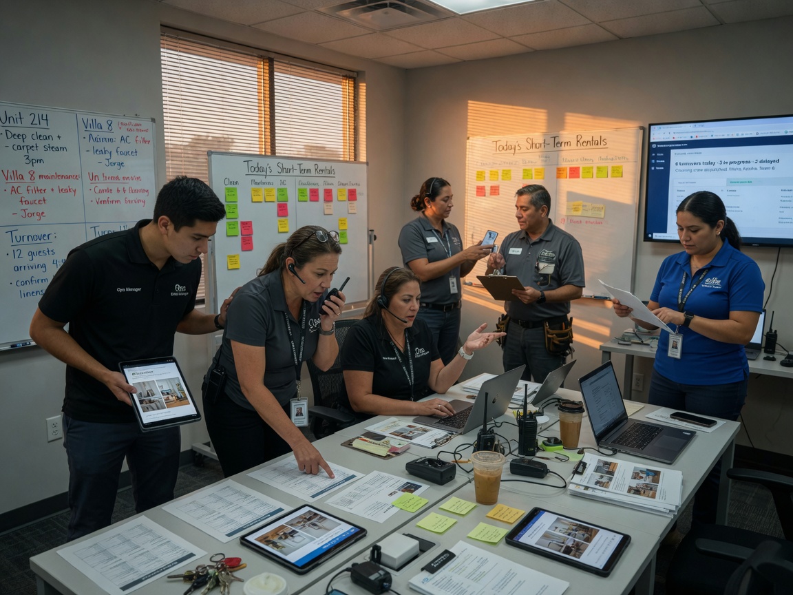 Busy property management team coordinating cleaning and maintenance staff for short-term rentals in professional office setting, documentary style