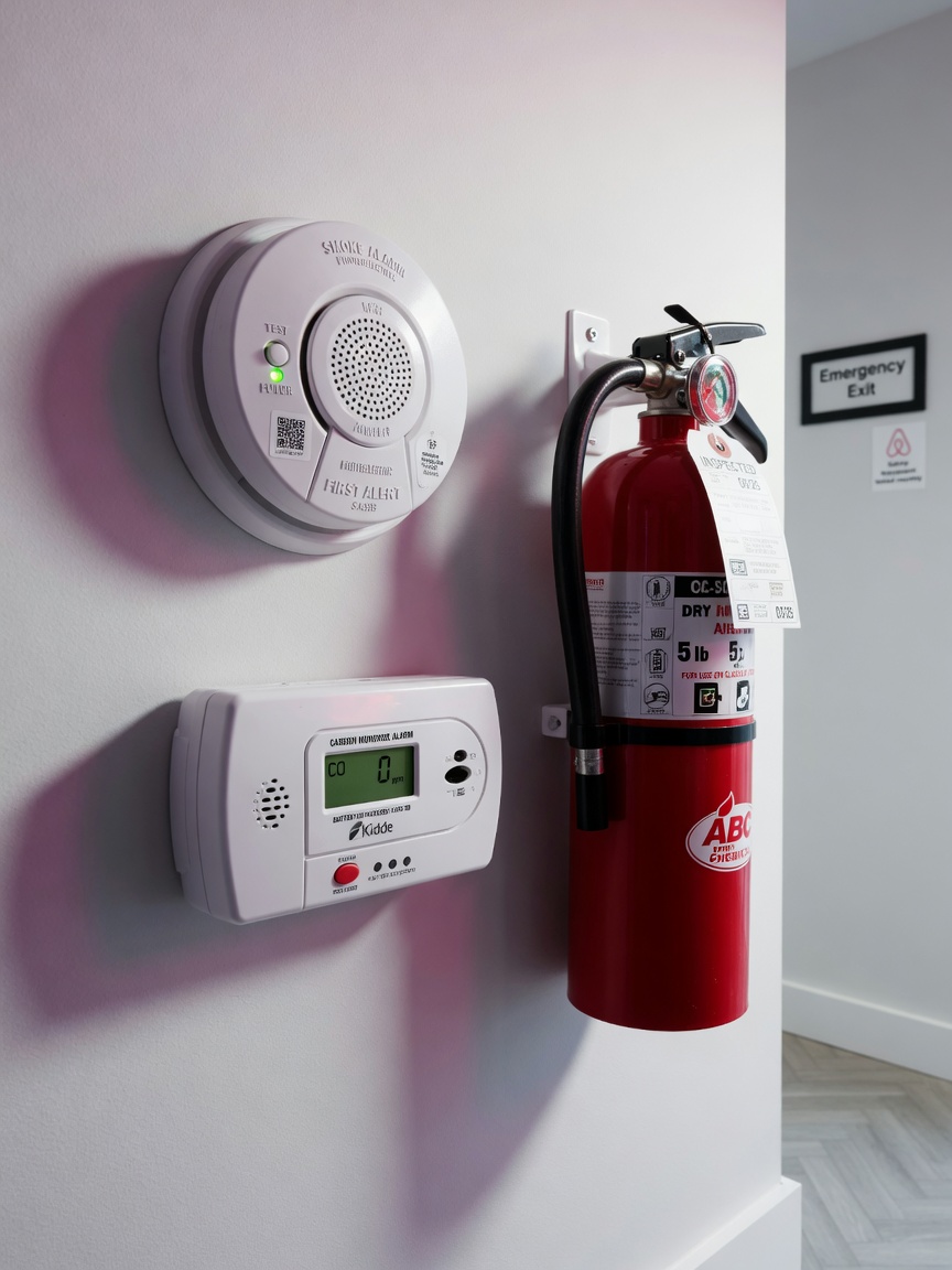 Ultra-realistic 8K close-up of modern smoke detector, carbon monoxide alarm, and fire extinguisher properly installed in a short-term rental home, clean white walls, professional safety equipment photography