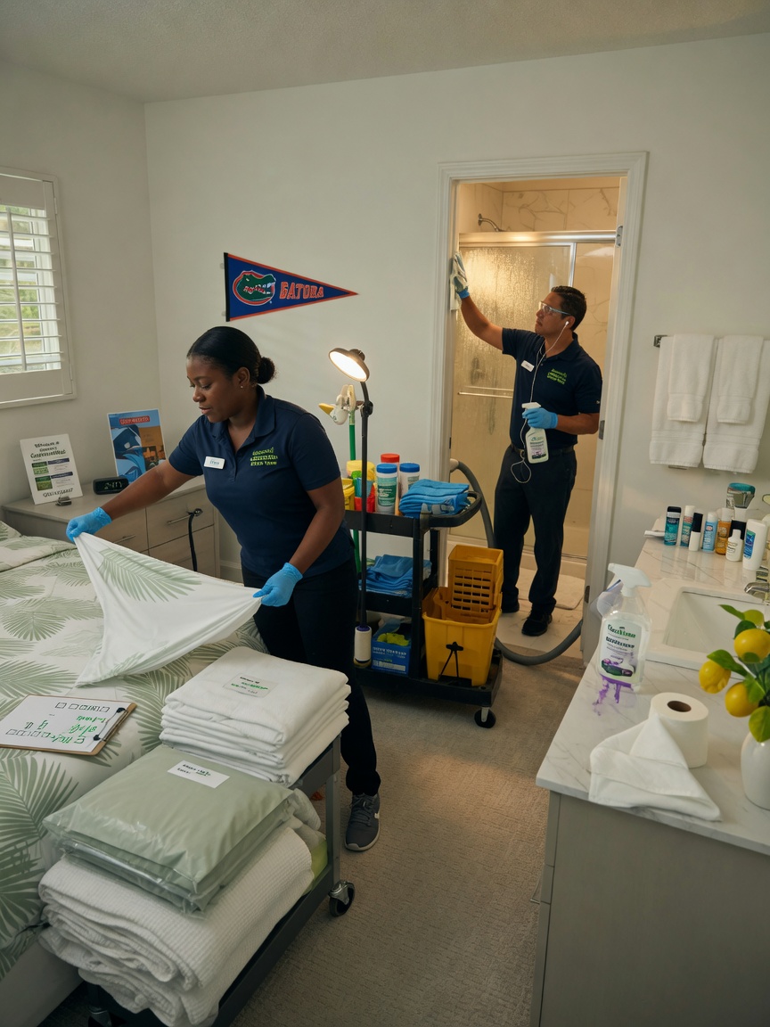 Professional cleaning team efficiently turning over a Gainesville vacation rental property, fresh linens, sparkling bathroom, fast and meticulous service, realistic documentary photography