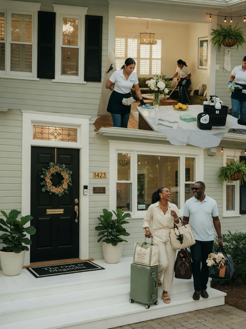 Happy guests arriving at beautifully renovated Gainesville vacation rental home with professional cleaning crew in background, realistic photography