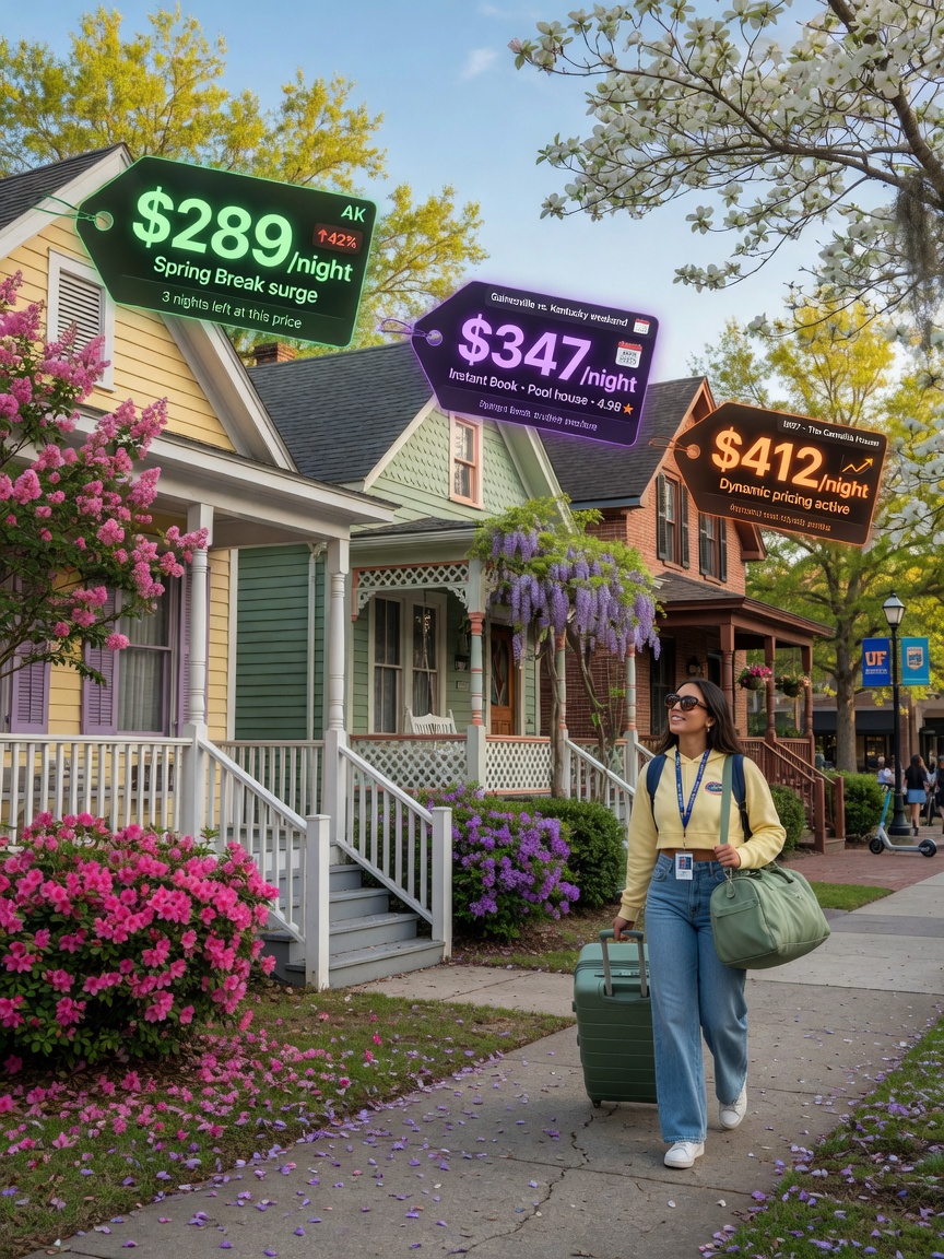 University of Florida student walking through downtown Gainesville carrying luggage past beautiful historic short-term rental homes with dynamic price tags floating above each property, springtime foliage, 8K photorealistic