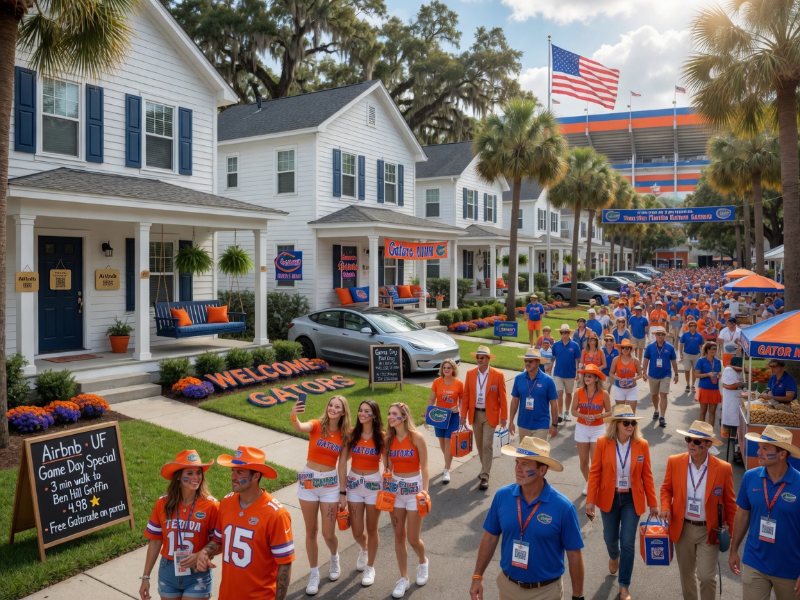 Ultra-realistic image of busy University of Florida football game day with crowds walking past beautifully maintained Airbnb properties in Gainesville, energetic atmosphere, detailed 8K