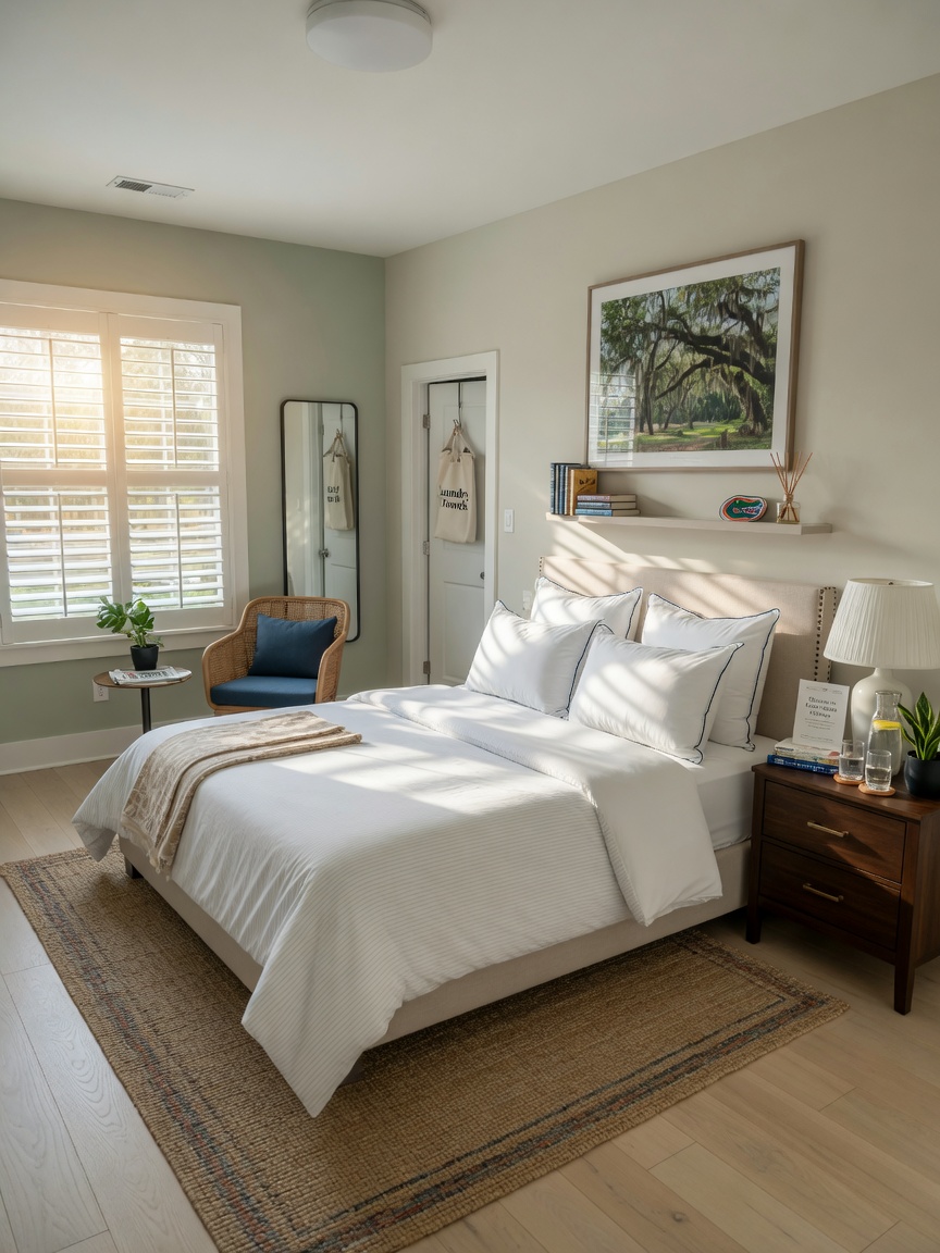 Ultra-realistic 8K photo of a clean, professionally cleaned short-term rental bedroom in Gainesville with fresh linens, comfortable king bed, tasteful decor, morning sunlight streaming in