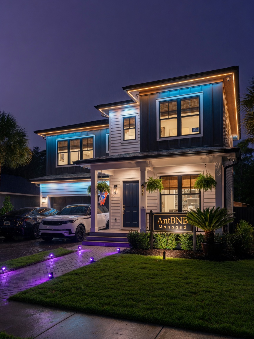 Ultra-realistic 8K exterior night shot of beautifully lit premium short term rental home in Gainesville Florida with 'AntBNB Managed' sign subtly visible