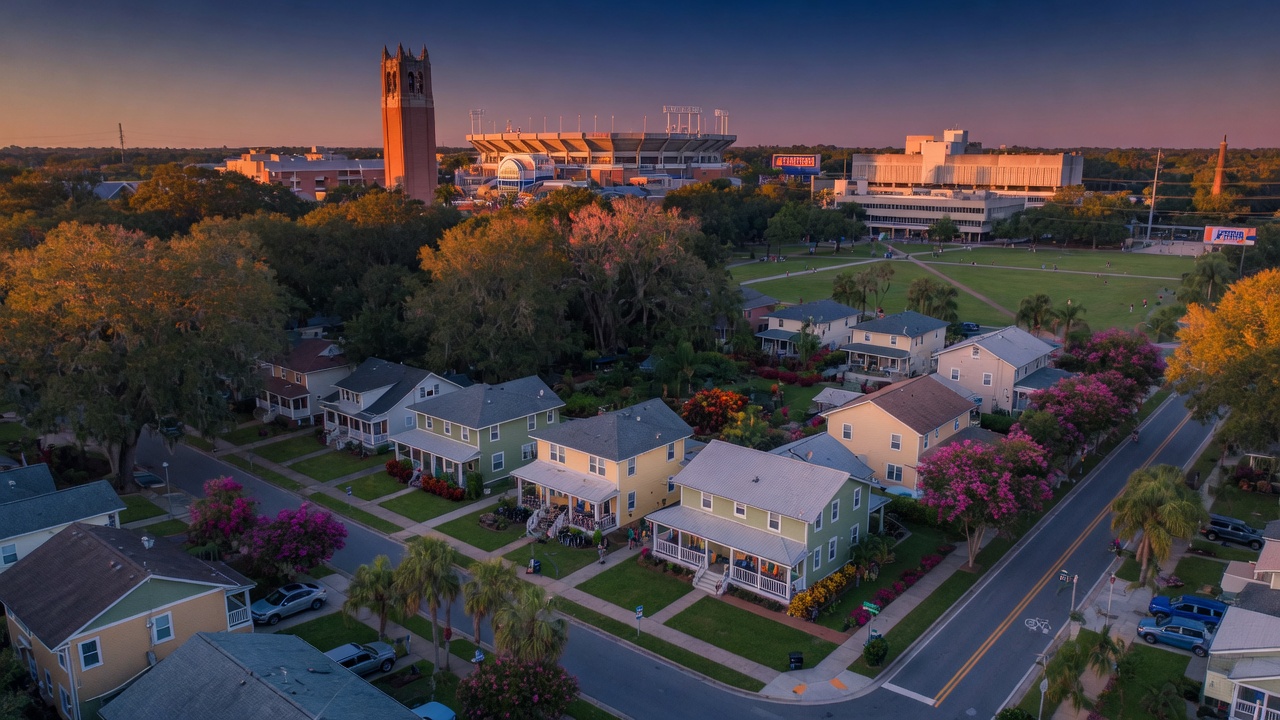 Ultra-realistic 8K aerial view of Gainesville Florida neighborhood near University of Florida showing multiple well-maintained rental properties, beautiful landscaping, and campus in background