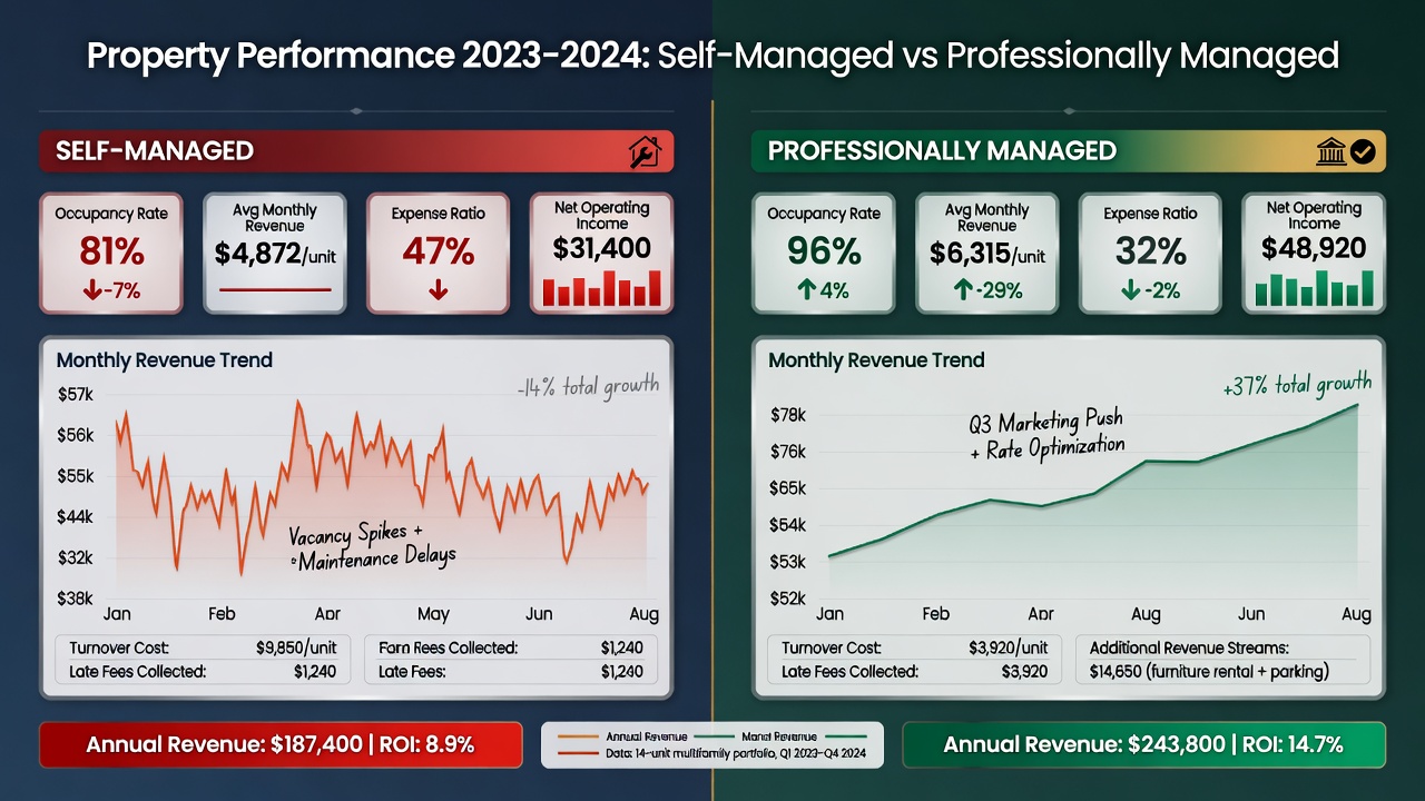 Split image comparing self-managed vs professionally managed property performance metrics and revenue graphs, clean financial visualization style