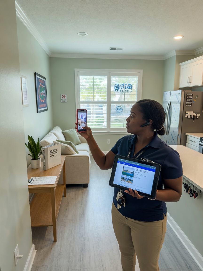 Detailed 8K image of a professional property manager using tablet to inspect a Gainesville rental property, taking photos for documentation, bright interior, organized and clean environment