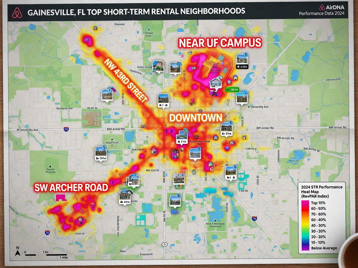 Map of Gainesville Florida highlighting top performing short-term rental neighborhoods including near UF campus, downtown, NW 43rd Street and SW Archer Road, with property icons and heat map overlay