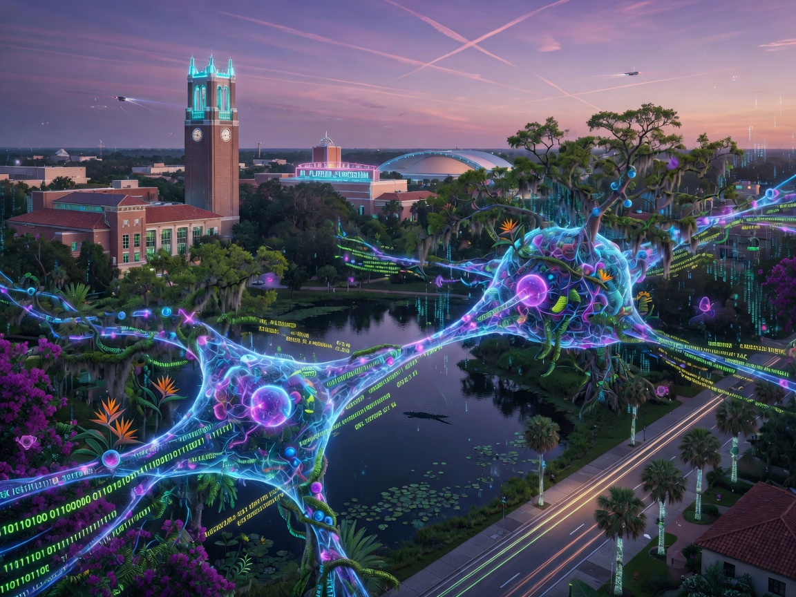 Futuristic AI neural network visualization intertwined with Florida landscape featuring Gainesville landmarks, binary code and pricing data flowing through neural pathways, cyberpunk meets natural beauty, ultra-realistic 8K