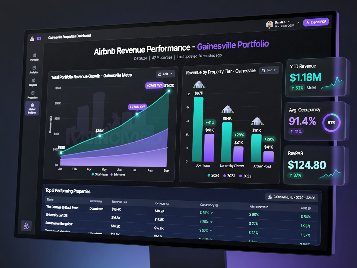 Elegant financial report dashboard showing Airbnb revenue growth charts for Gainesville properties, professional business visualization, dark mode interface, ultra sharp 8K