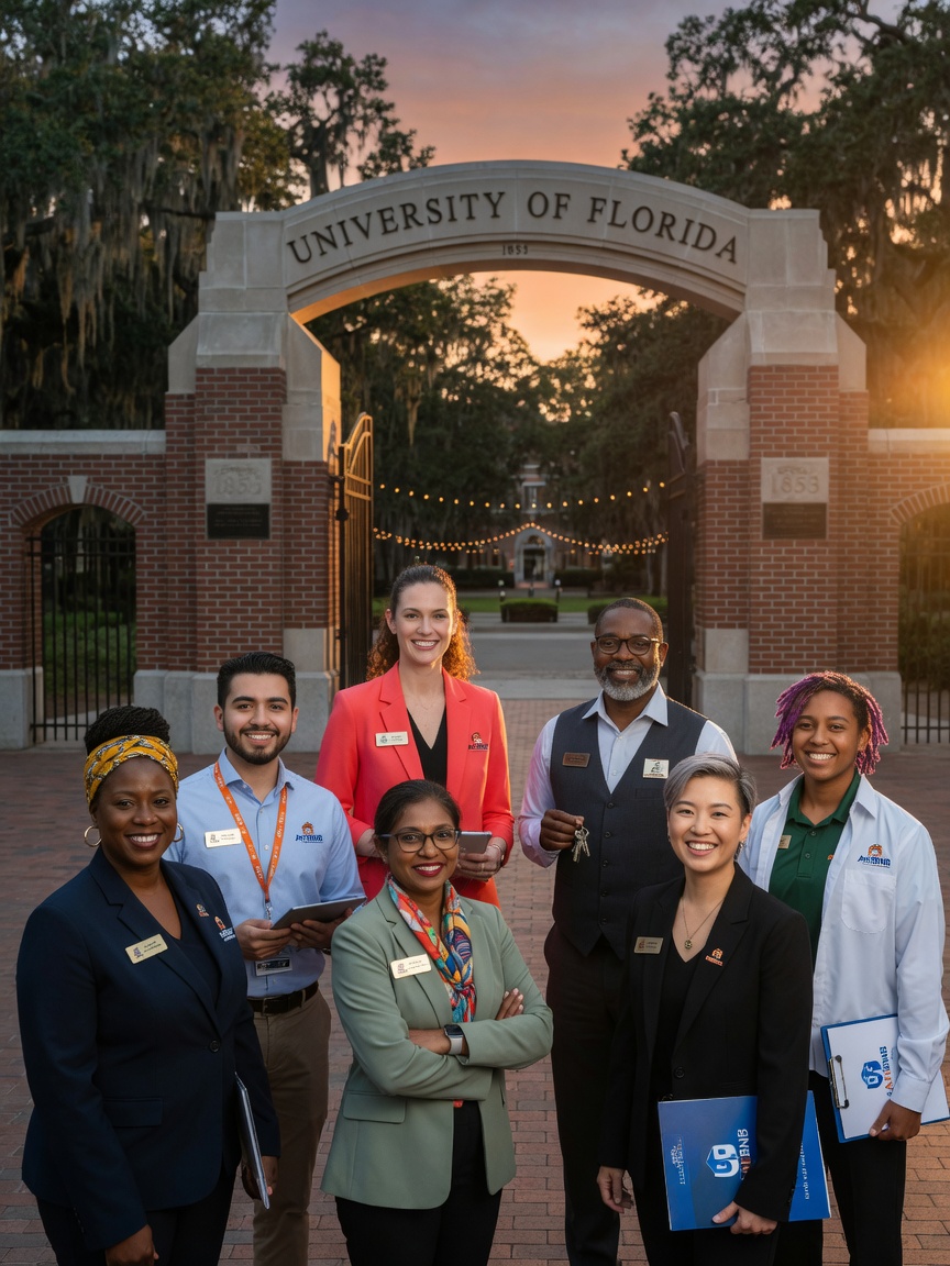 8K professional portrait of friendly diverse AntBNB property management team standing outside University of Florida archway in Gainesville