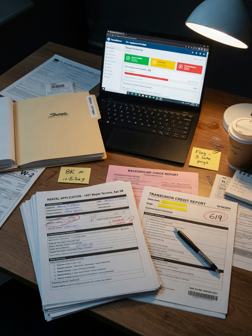 Ultra-realistic 8K close-up of tenant screening process with background check documents, credit reports, and rental application forms on wooden desk with laptop