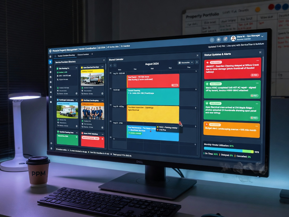 Ultra-realistic 8K image of a vendor coordination dashboard on a large monitor displaying multiple service providers, calendars, and status updates for property management company