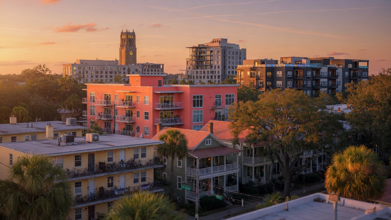 Gainesville Florida skyline at golden hour with mix of student housing, historic homes and modern apartment buildings, cinematic 8K photography