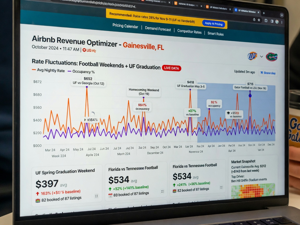 8K hyper-realistic photograph of dynamic pricing dashboard on computer screen showing Gainesville FL Airbnb rates fluctuating around football game weekends and UF graduation, data visualization