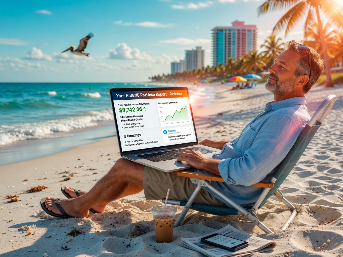 Happy property owner relaxing on beach while receiving passive income report on laptop from AntBNB property management, illustrating hands-off lifestyle, sunny Florida setting