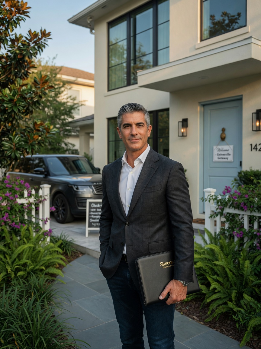 Property management expert Anthony Simeone style portrait standing outside a luxury Gainesville short term rental home, professional and confident expression, ultra realistic