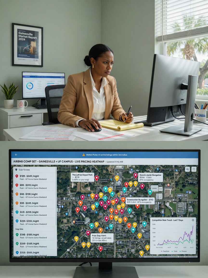 Professional property manager in modern Gainesville office analyzing large monitor showing real-time competitor pricing map of Airbnb listings, focused expression, natural window light, photorealistic 8K
