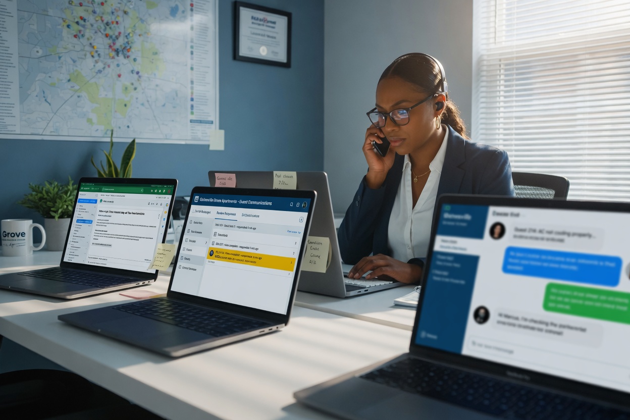 Professional guest communication specialist responding to messages on multiple laptop screens in modern Gainesville property management office, focused and efficient atmosphere