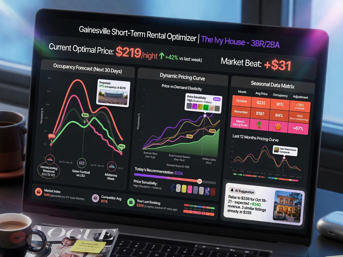 Ultra-realistic 8K image of dynamic pricing strategy dashboard on computer screen for short-term rental in Gainesville, showing occupancy graphs, pricing curves, and seasonal data