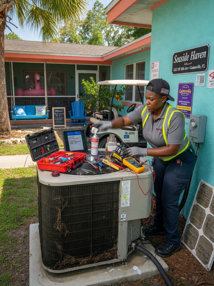 Ultra-detailed 8K image of maintenance technician quickly repairing an air conditioning unit at a Gainesville short term rental property