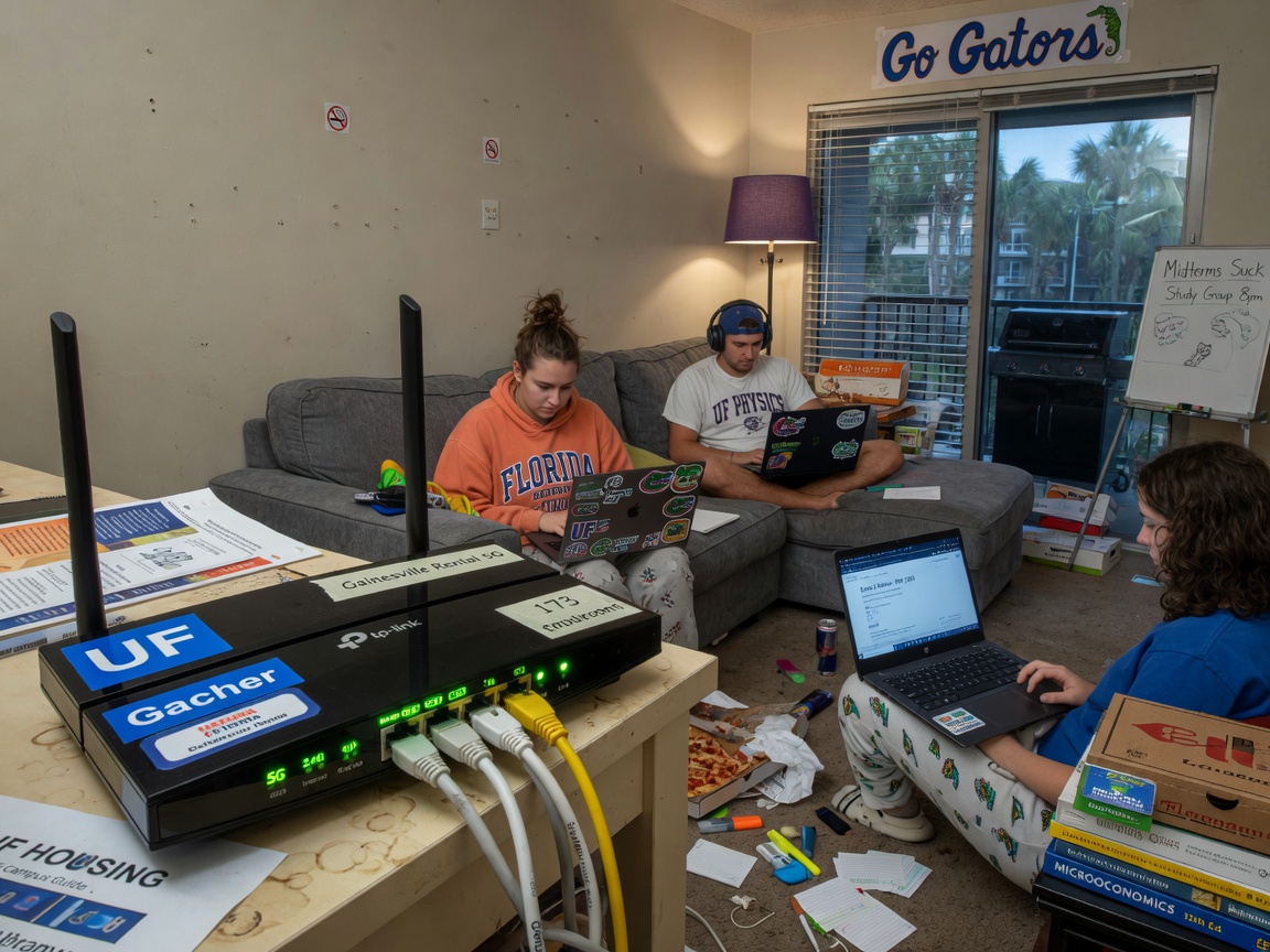 Ultra-realistic 8K image of fast WiFi router with University of Florida students studying on laptops in modern living room of a Gainesville rental property