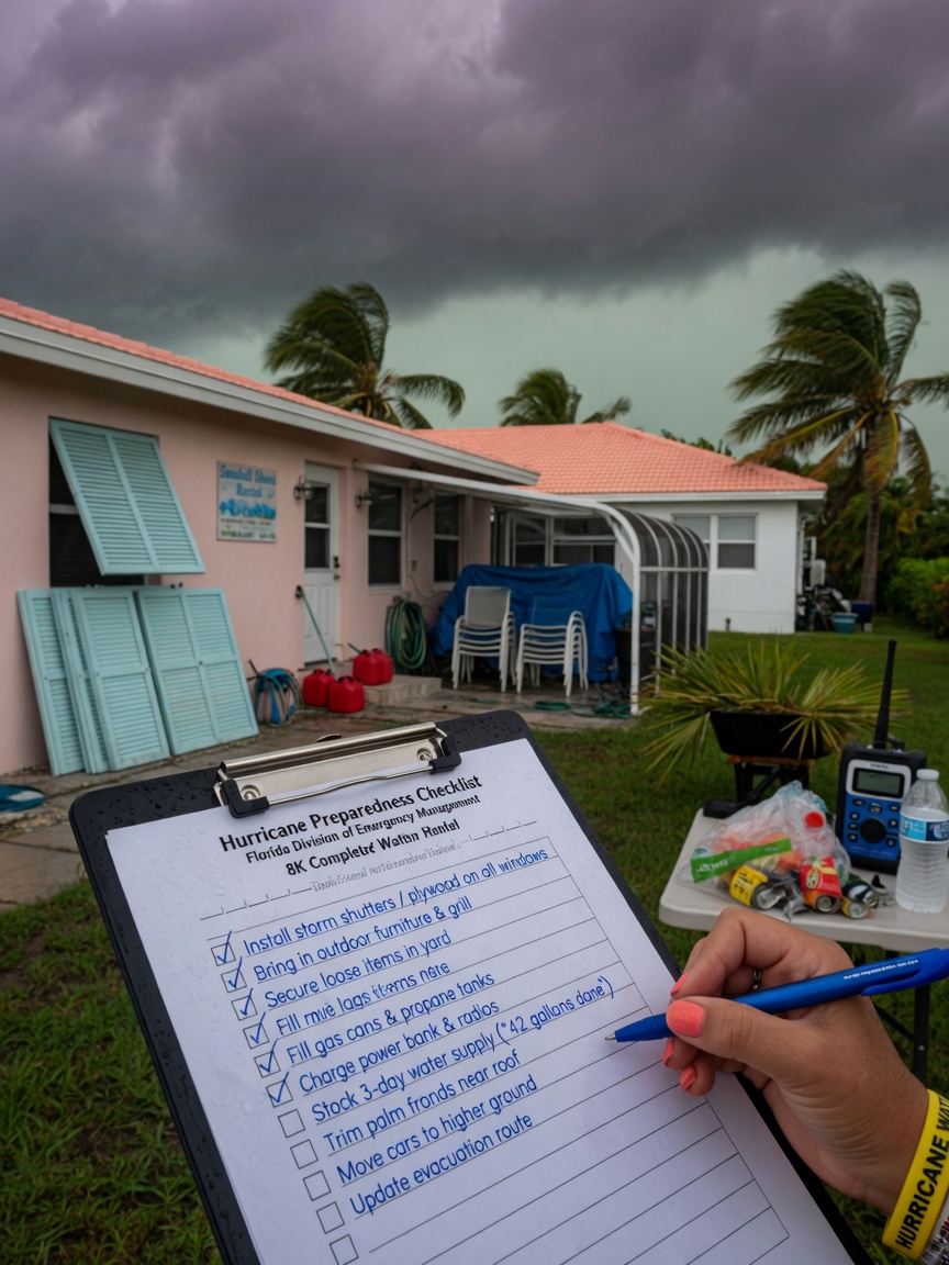 Ultra-realistic 8K photograph of storm preparation checklist being completed on a clipboard outside a Florida rental home before hurricane season, dark clouds in background