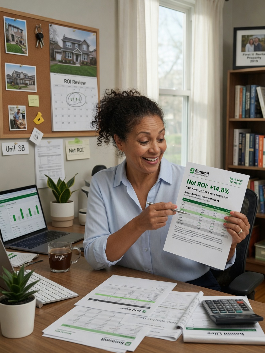 Property owner happily reviewing positive monthly ROI report from property management company at home office desk, satisfied expression, natural lighting