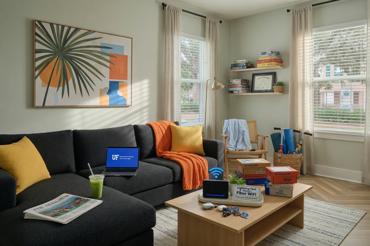 Ultra-realistic 8K image of beautifully staged modern living room in a Gainesville short-term rental optimized for young professionals and UF families, comfortable furniture, fast WiFi symbol, natural light
