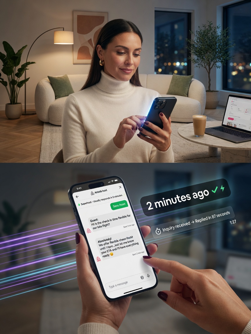 24/7 guest communication concept showing professional host responding quickly on smartphone to Airbnb inquiry, modern home interior background, fast response time visualization