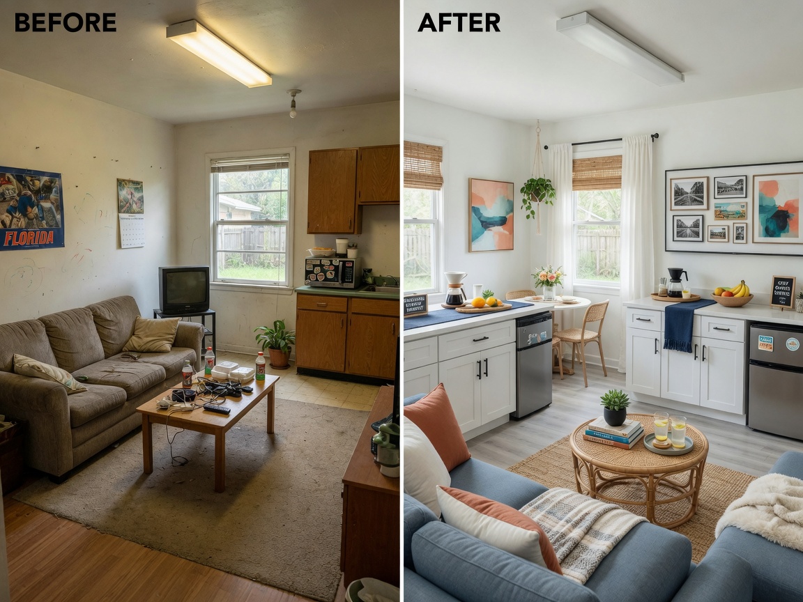 Before and after split image showing transformation of average Gainesville rental into professionally staged short term rental, 8K photorealistic