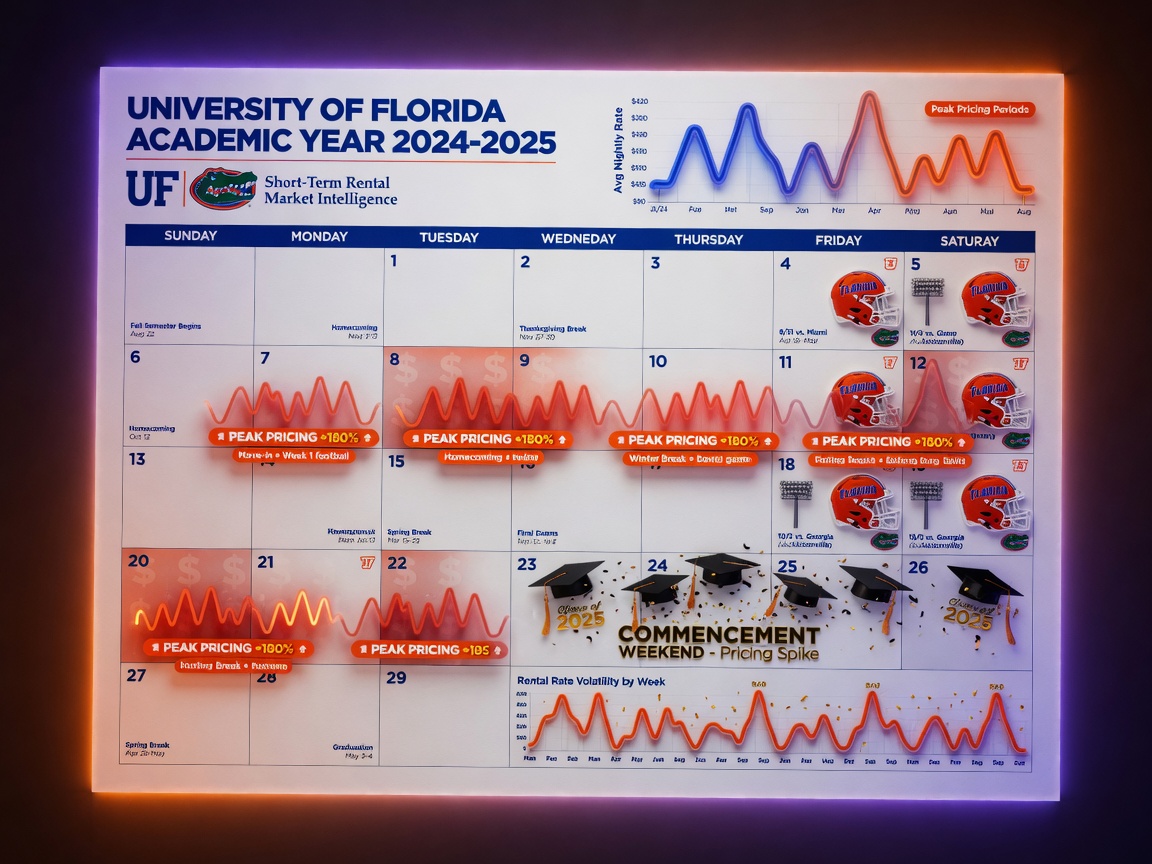 Calendar visualization showing University of Florida academic year with highlighted peak pricing periods for short term rentals, football icons, graduation caps, and dynamic price waves, clean infographic style, 8K detail