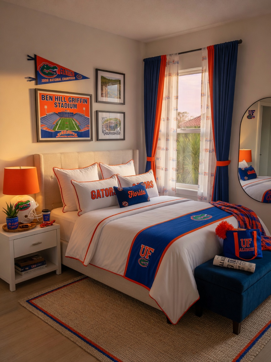 Beautifully staged Gainesville Florida short term rental bedroom with University of Florida themed decor, soft morning light, luxurious linens, ultra realistic 8K interior photography