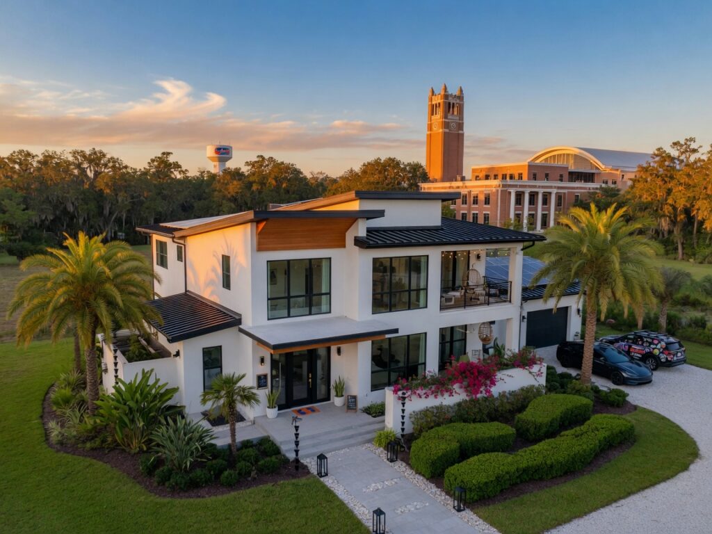 Ultra-realistic 8K photograph of a beautiful modern Airbnb property exterior in Gainesville Florida during golden hour with University of Florida campus visible in background, professional landscaping, clear blue sky, highly detailed