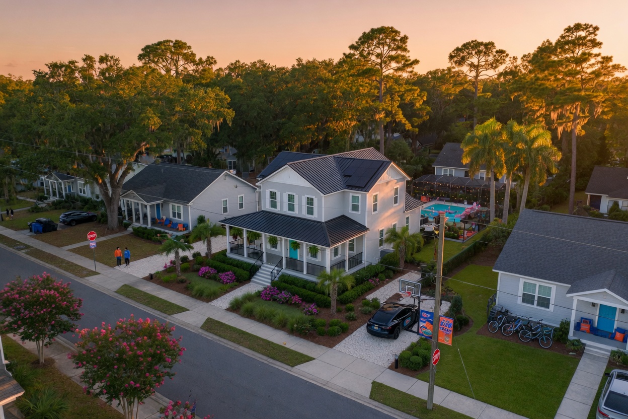 Ultra-realistic 8K aerial photograph of a beautiful 3-bedroom single family home with modern landscaping in a tree-lined Gainesville Florida neighborhood near University of Florida campus during golden hour