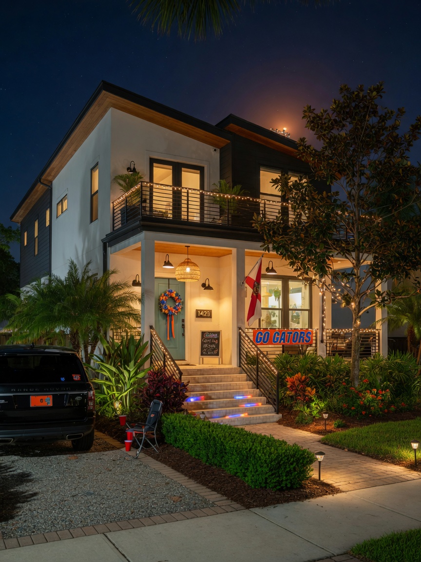 Ultra-realistic 8K nighttime view of beautifully lit Gainesville Airbnb exterior with warm porch lights, modern architecture, lush landscaping, inviting atmosphere on football weekend