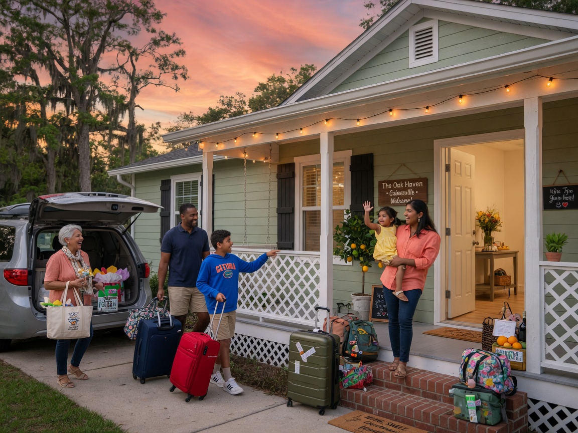 Ultra-realistic 8K image of happy family guests arriving at pristine short term rental home in Gainesville at sunset, warm welcome atmosphere, luggage on porch