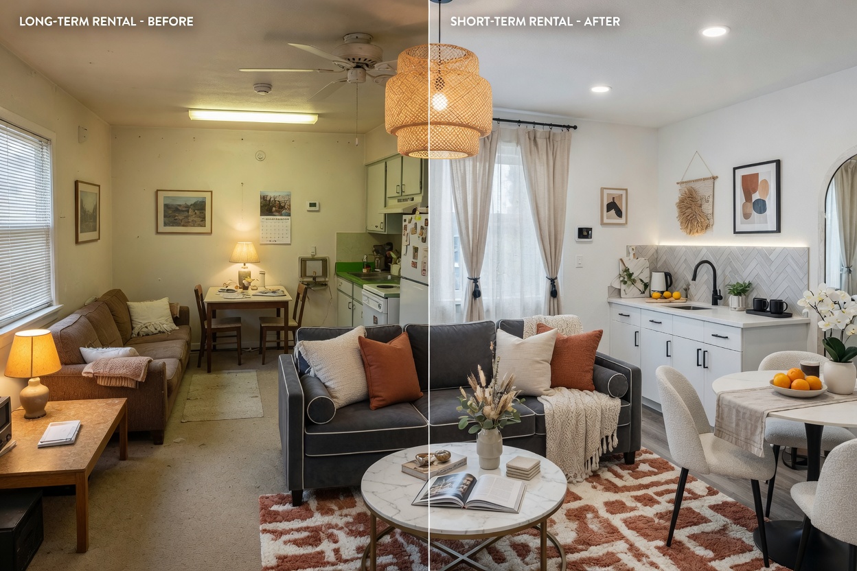 Before and after split image showing transformation from basic long-term rental interior to professionally staged short-term rental with modern decor