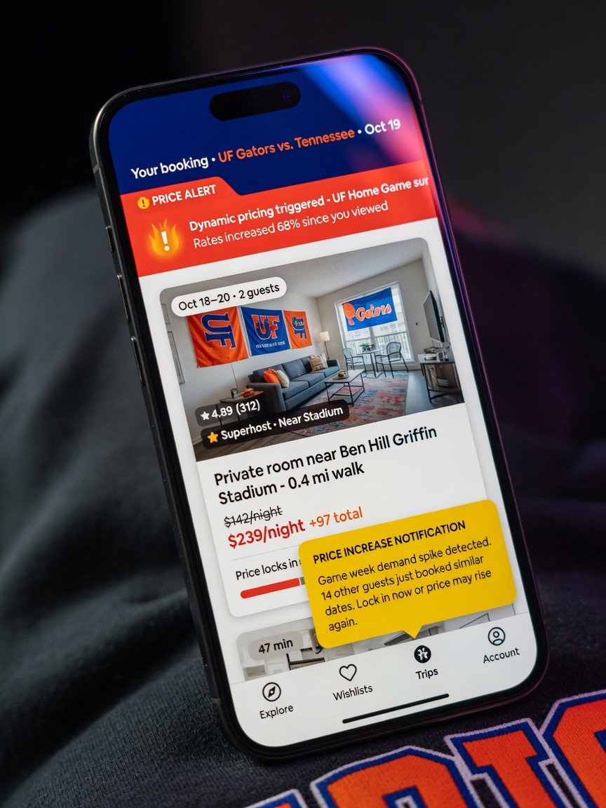 Ultra-realistic 8K close-up of smartphone displaying Airbnb booking app with dynamic pricing alerts for upcoming UF home game, rate increase notifications visible