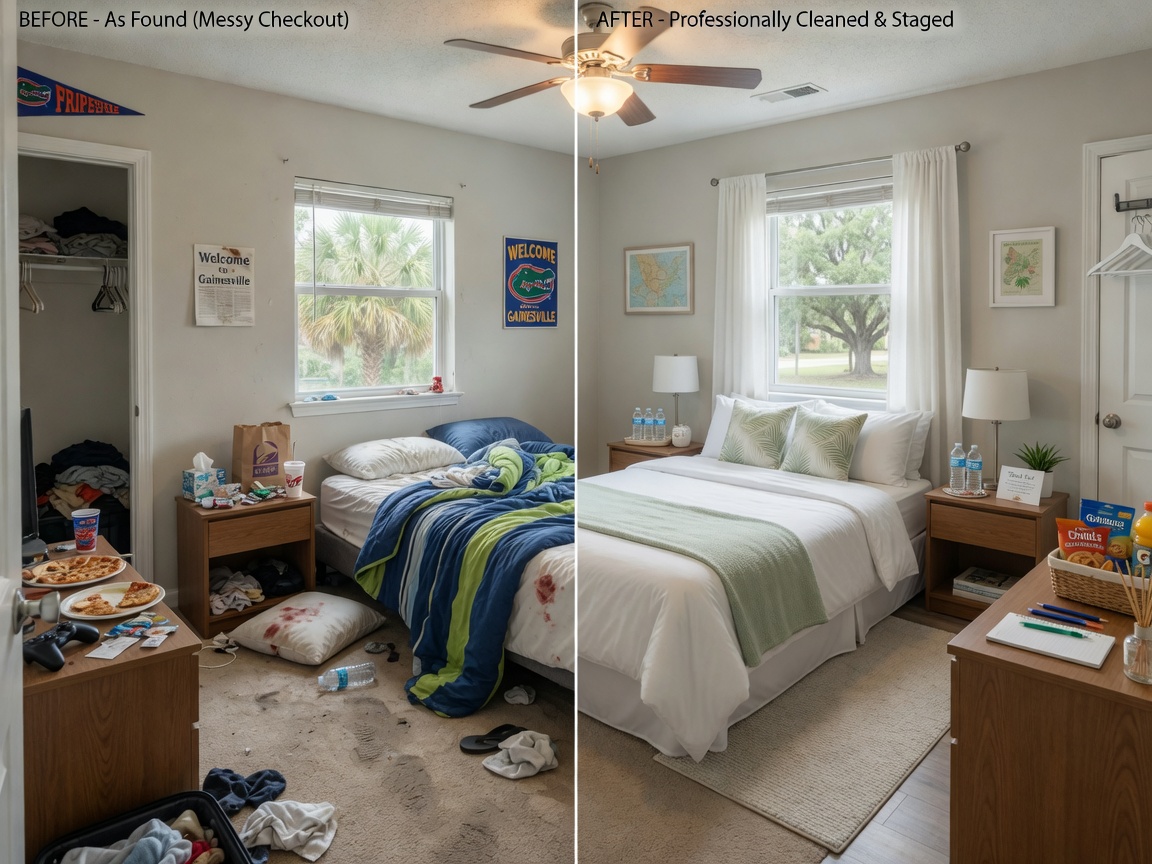 Ultra-realistic 8K photograph showing before and after split view of messy versus professionally cleaned short term rental bedroom in Gainesville property