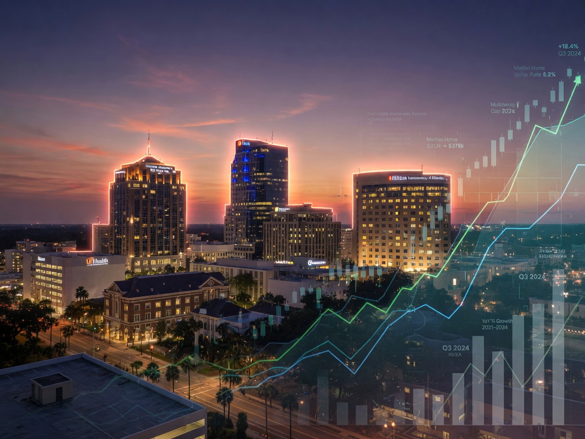 Gainesville Florida skyline at dusk with illuminated buildings and subtle overlay of financial growth charts representing real estate investment returns