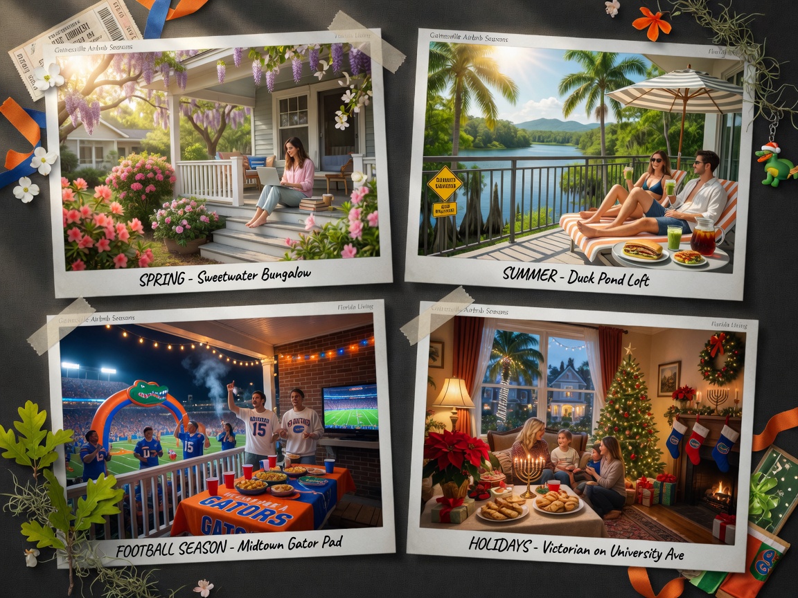 Ultra-realistic 8K seasonal collage showing four different Gainesville Airbnb experiences across spring, summer, football season and holidays, perfectly arranged composition