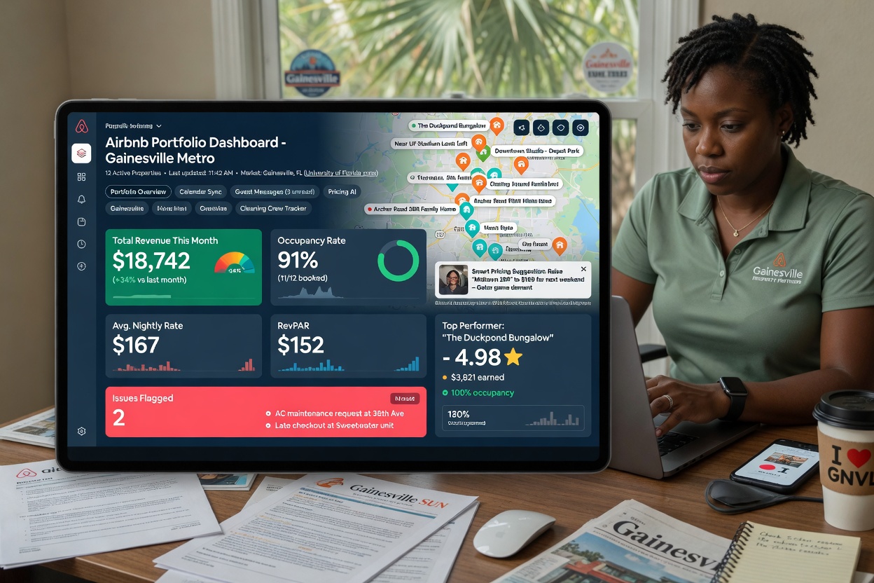 Ultra-realistic 8K image of property manager using advanced dashboard on laptop to monitor multiple Airbnb properties in Gainesville with performance metrics displayed