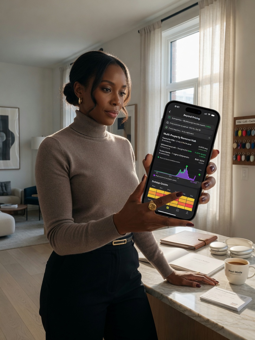 Professional Airbnb host using smartphone to manage multiple property bookings with dynamic pricing software visible on screen