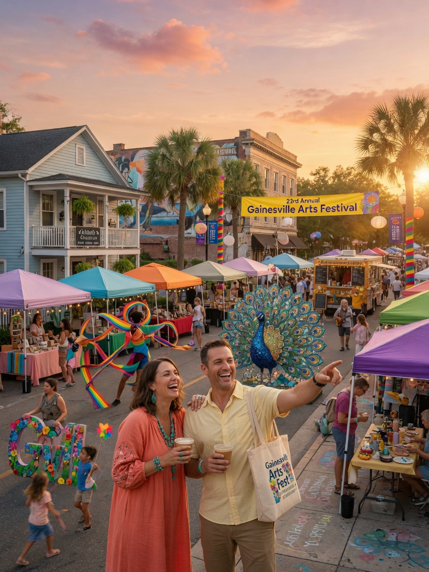 Ultra-realistic 8K image of happy couple enjoying Gainesville Arts Festival near their Airbnb rental, colorful art installations, festive atmosphere, golden hour lighting