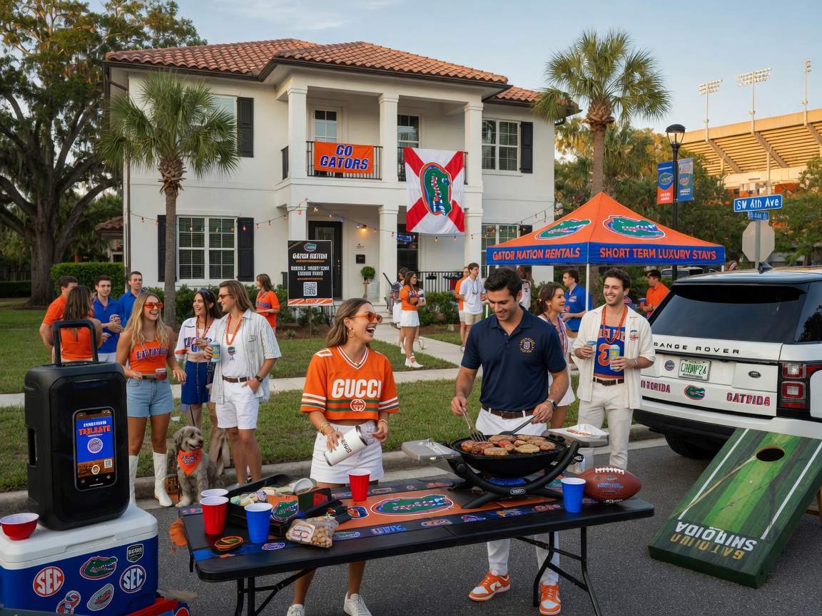 Ultra-realistic 8K photograph of football fans enjoying tailgate party outside luxury short term rental property near University of Florida campus in Gainesville