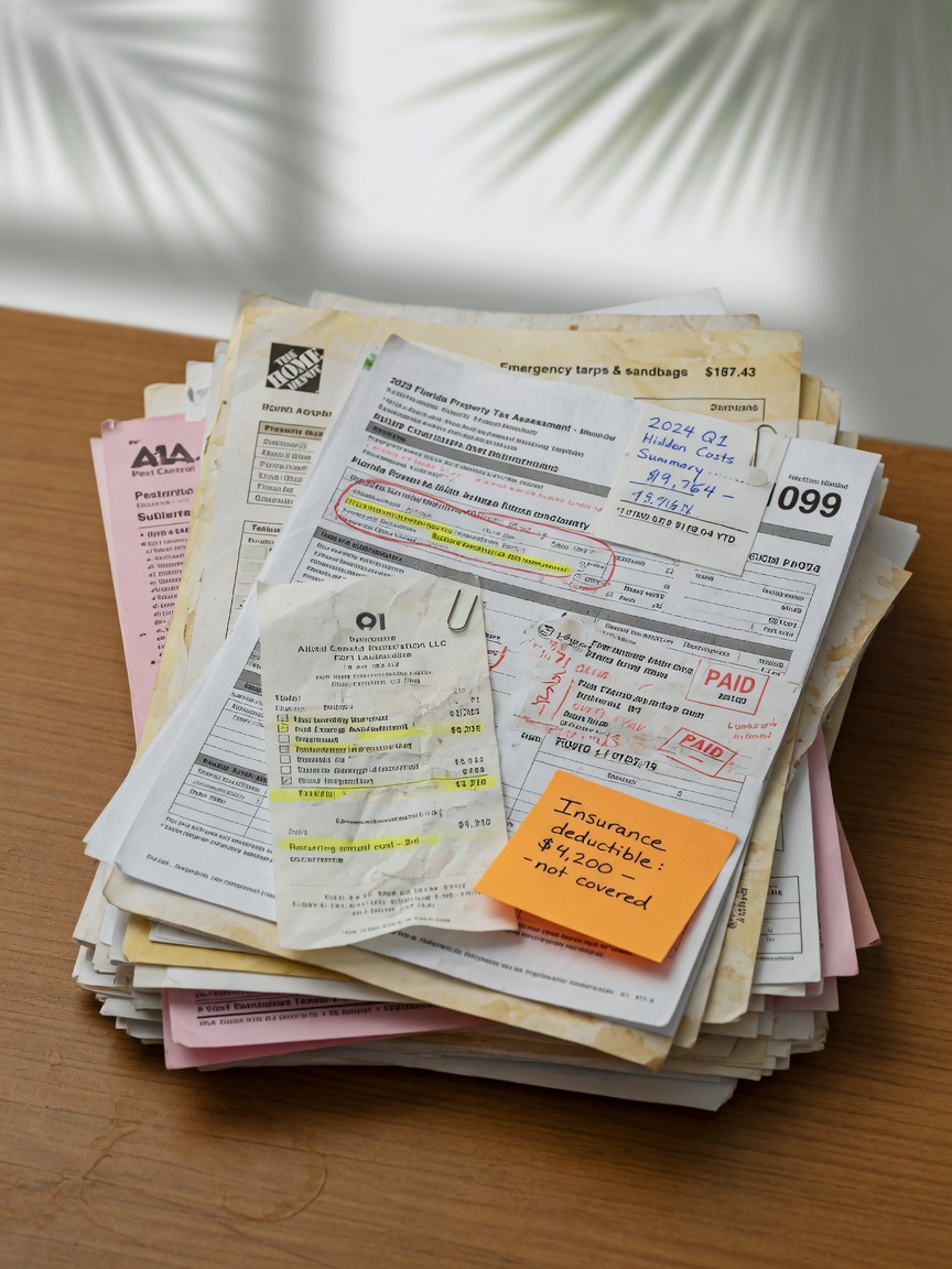 Realistic stack of expense receipts, tax documents and repair invoices representing hidden costs of long-term property management in Florida